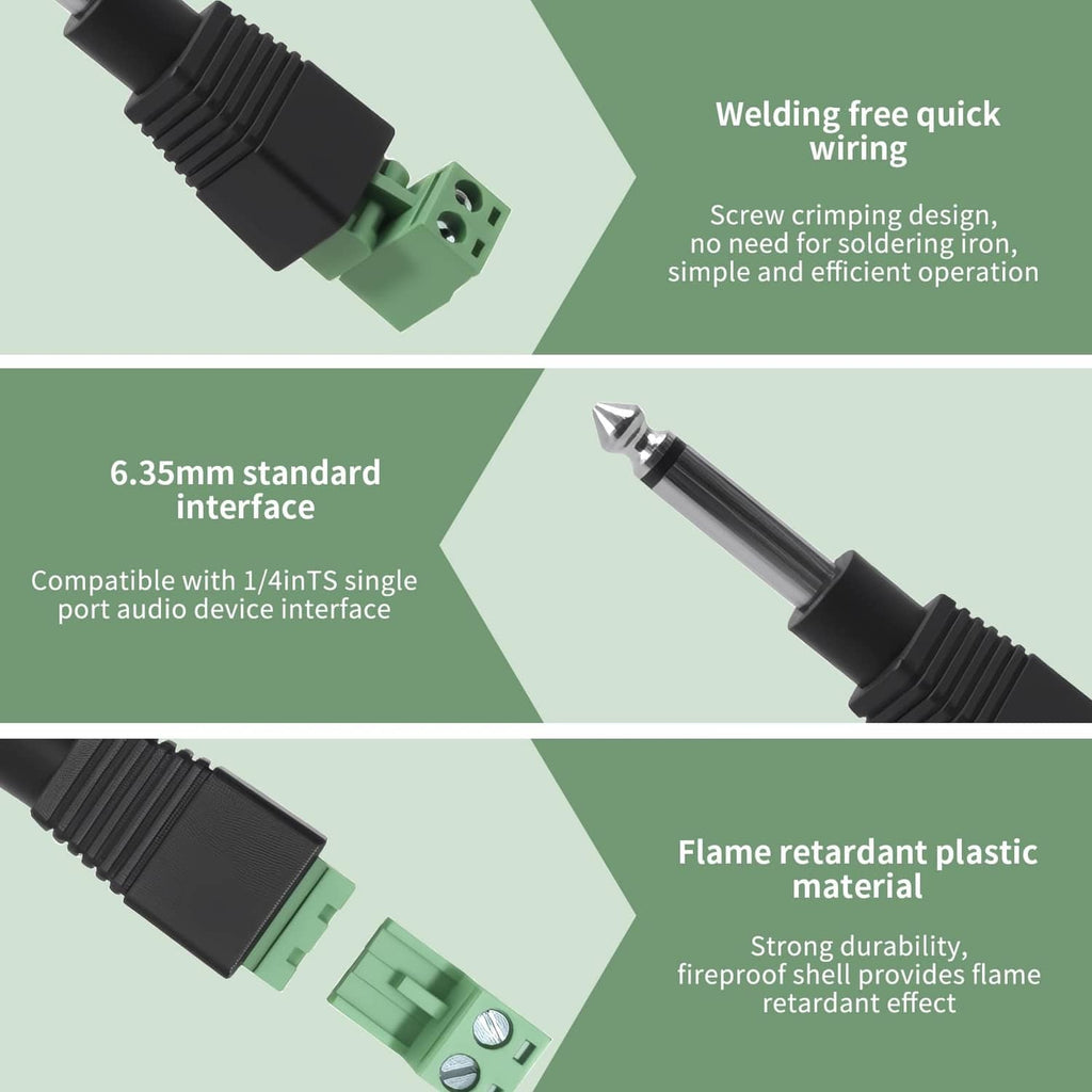 6.35mm mono audio jack plug with green terminal block for solderless wiring