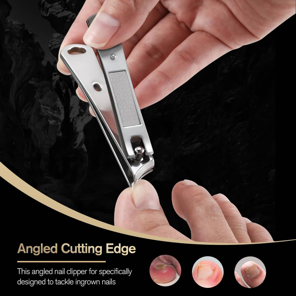 Angled ingrown nail clipper with curved cutting edge, stainless steel handle.