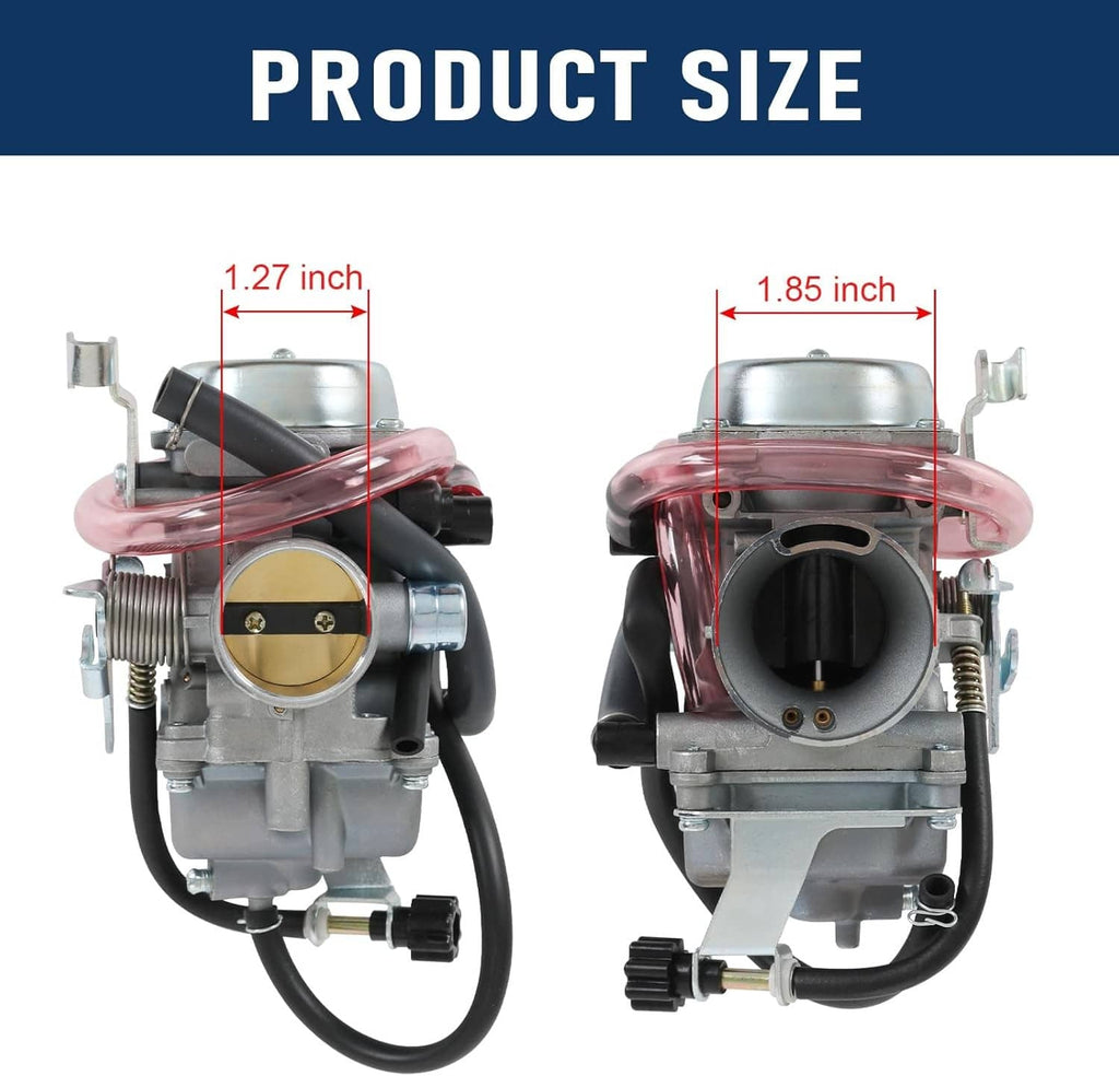 Carburetor replacement kit size views showing silver carb and red intake cover