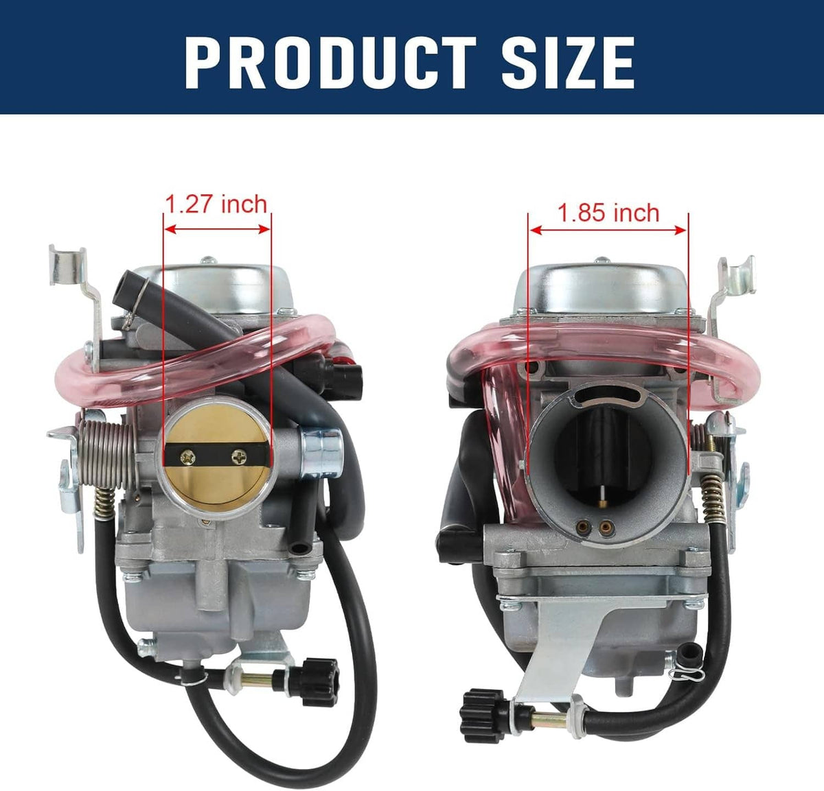 Carburetor replacement kit size views showing silver carb and red intake cover