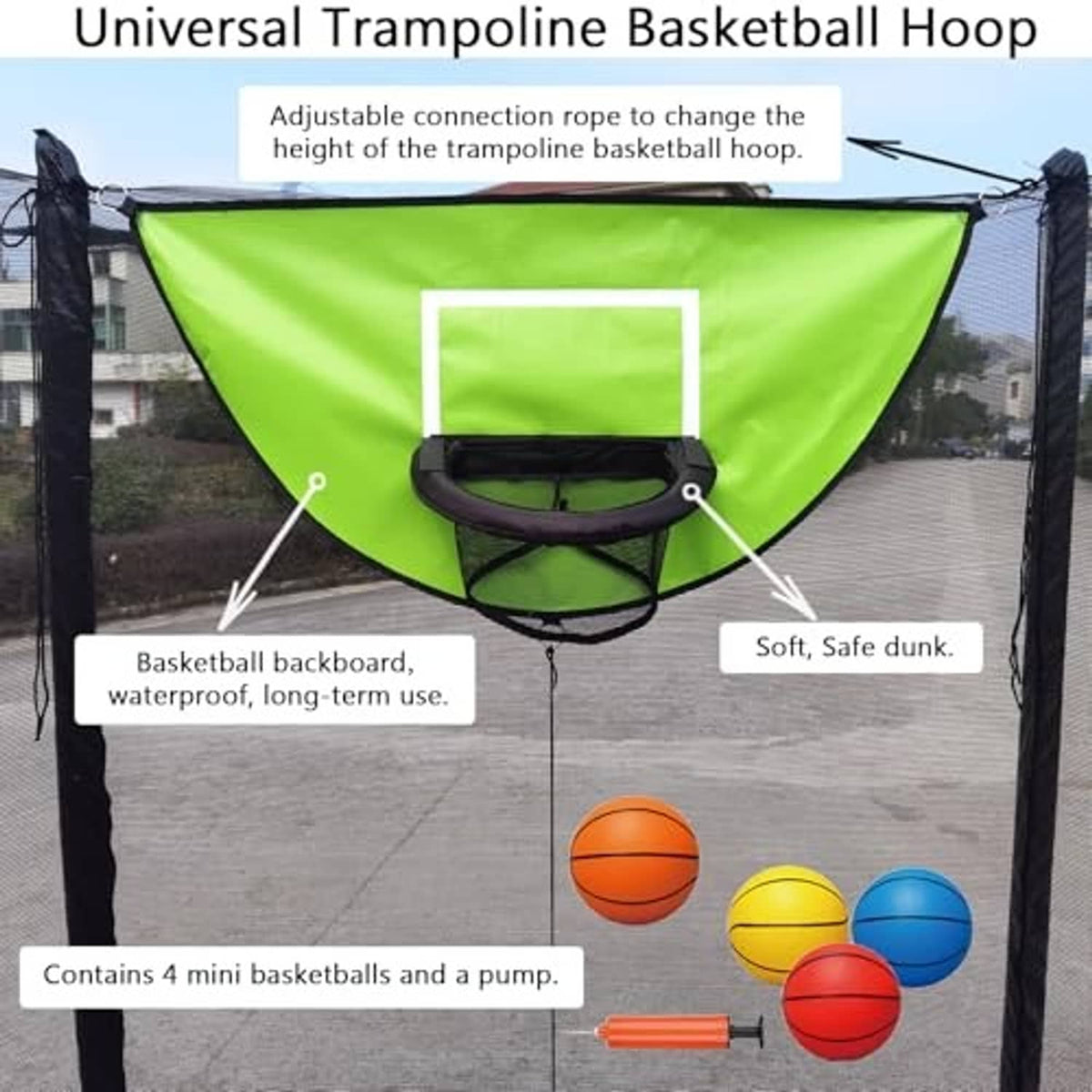 Green trampoline basketball hoop with waterproof backboard, soft pad, mini balls