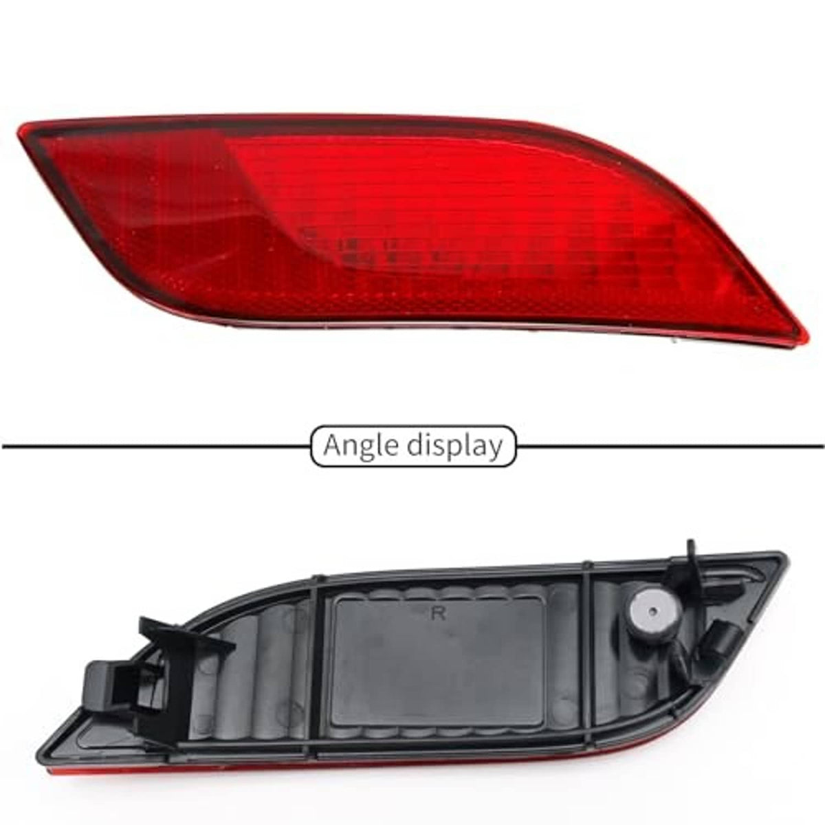 Right-side rear reflector housing: red lens with mounting clips and black backing
