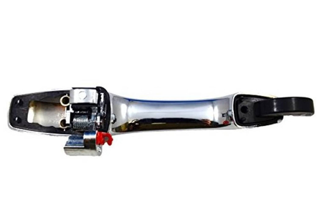 Chrome outside exterior door handle with mounting hardware underside and black end caps