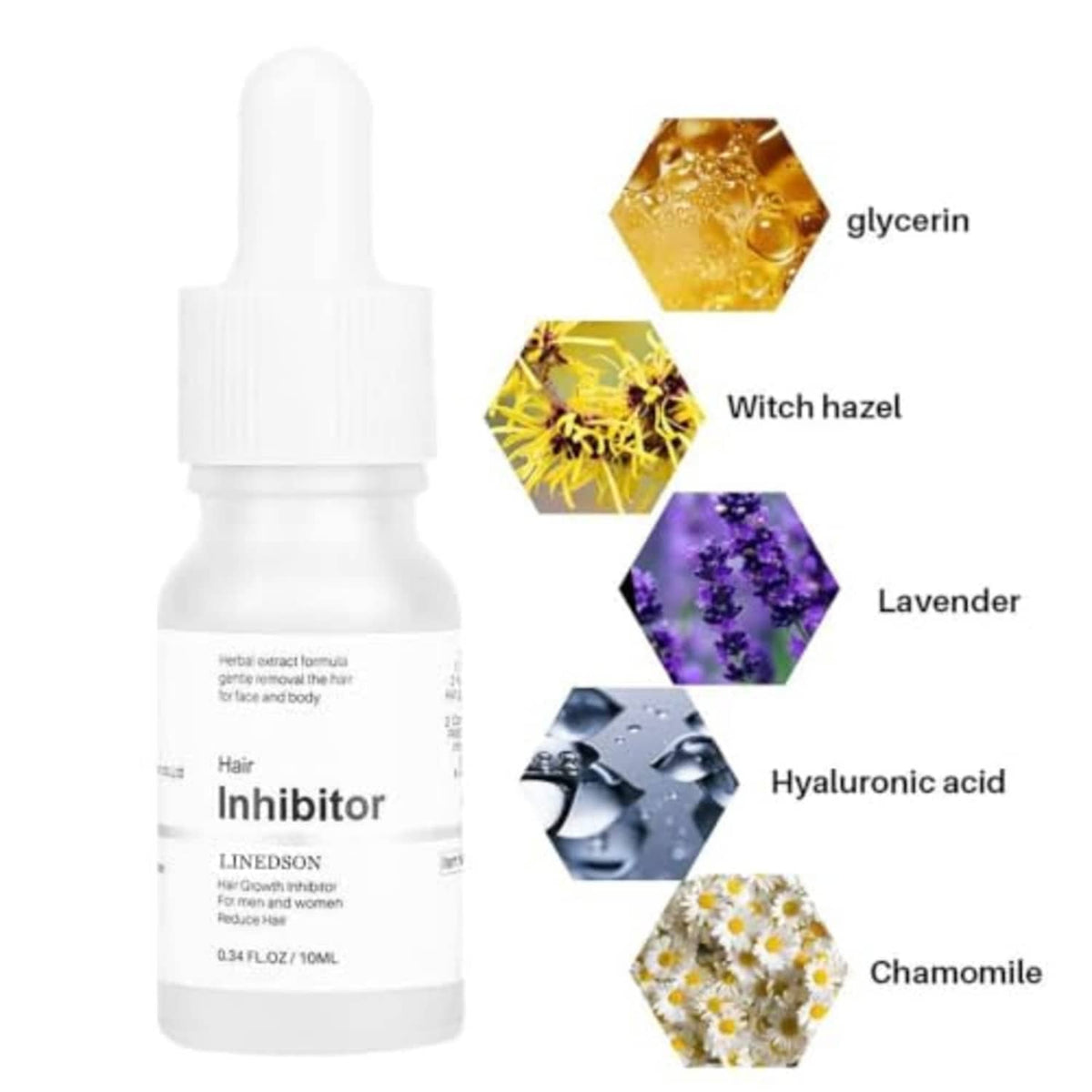 Hair growth inhibitor serum bottle with highlighted witch hazel, hyaluronic acid and chamomile