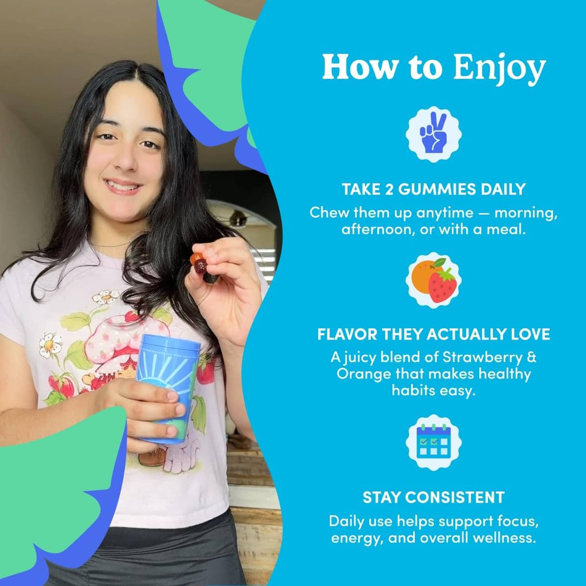 Teen multivitamin gummy jar held by a woman with daily 2-gummies instructions