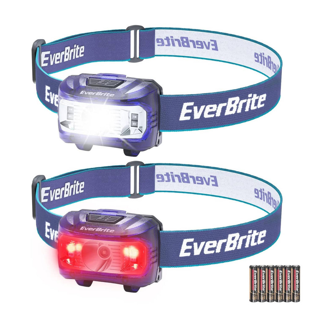 Kids headlamp 2-pack with purple-blue straps; one shows white light, the other red light