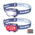 Kids headlamp 2-pack with purple-blue straps; one shows white light, the other red light