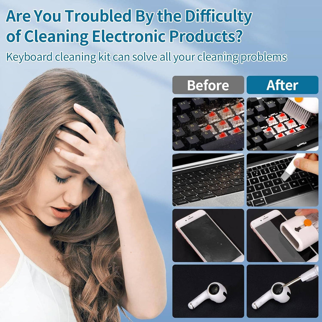 Keyboard cleaning kit before-and-after panel showing laptop screen cleaning