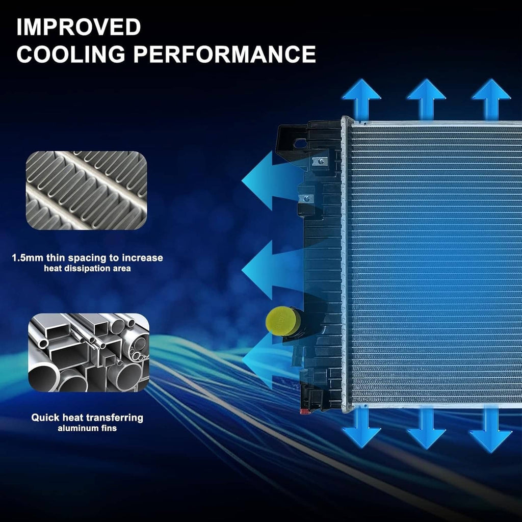 Vehicle radiator close-up highlighting aluminum fin surface and side brackets