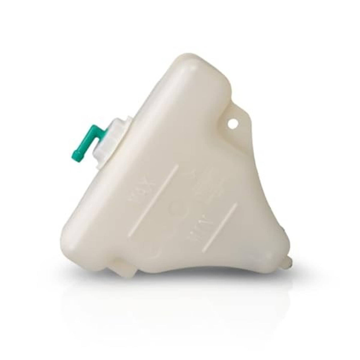 Off-white coolant reservoir with green cap fitting, underside angle