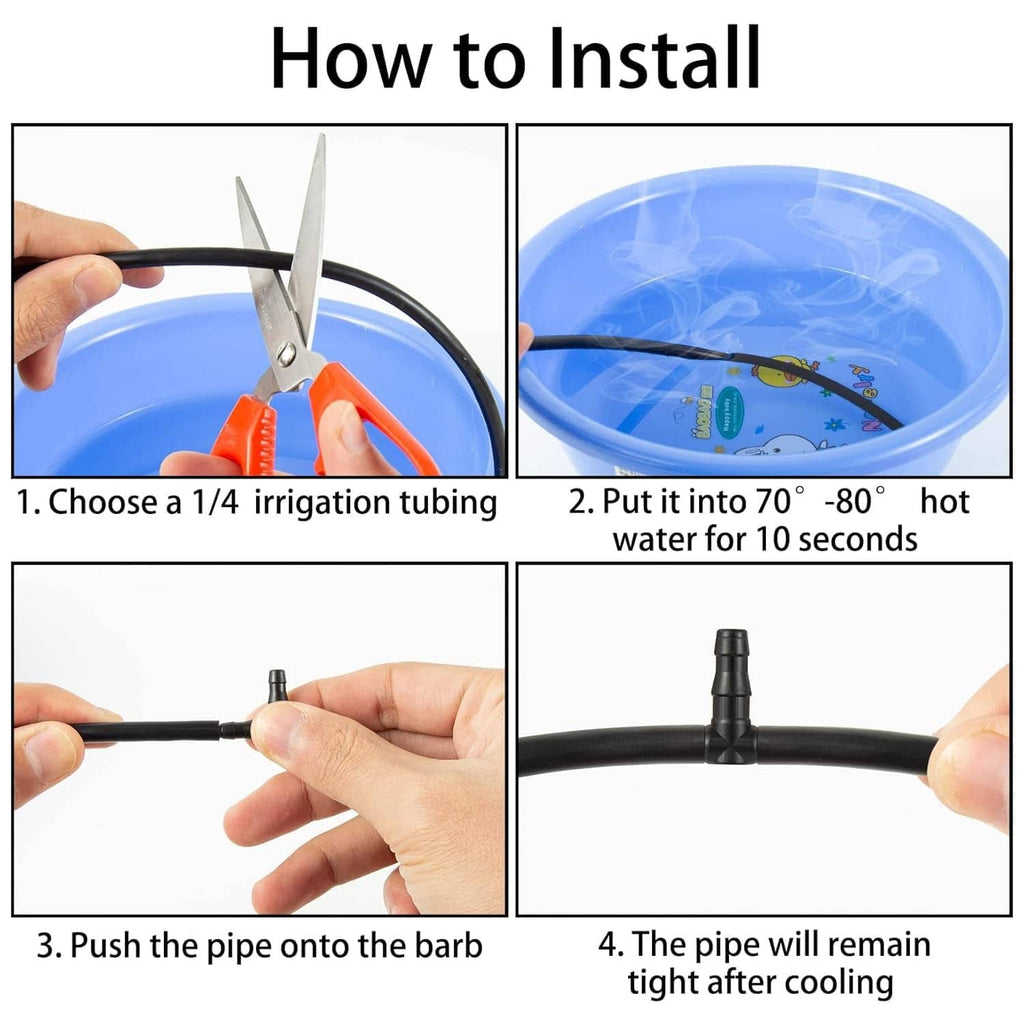 Hands installing 1/4 inch tubing onto barbed drip irrigation connector fittings