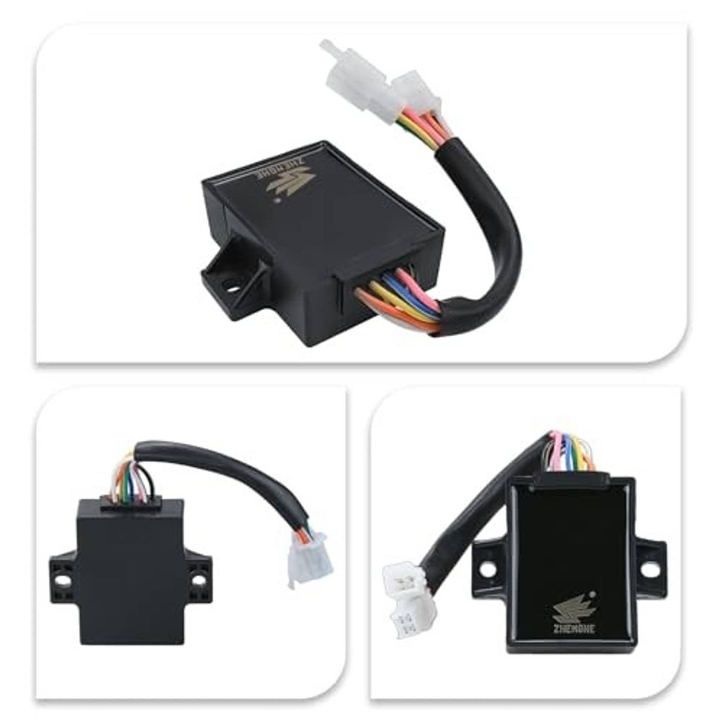 Black CDI ignition box with wire harness and white connectors, shown from multiple angles