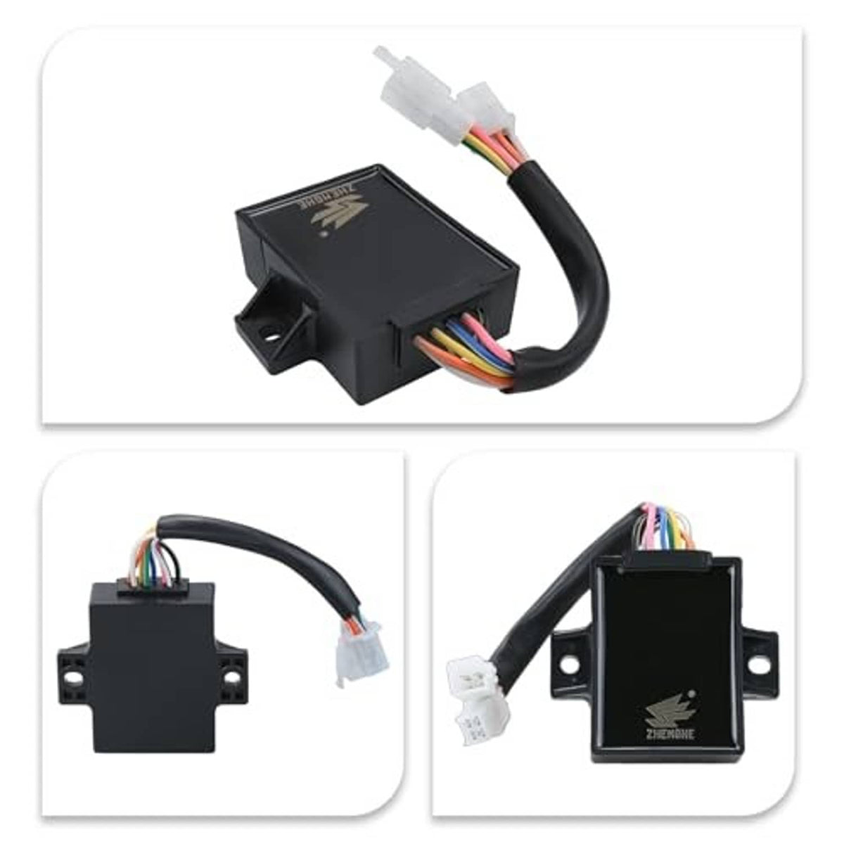 Black CDI ignition box with wire harness and white connectors, shown from multiple angles