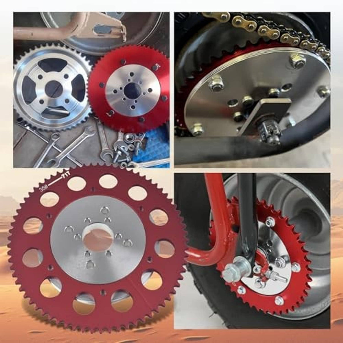 Red split sprocket close-up with silver hub and mounting axle hardware
