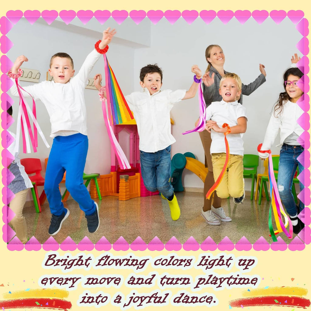 Rainbow ribbon streamer set, bright multicolor ribbon streamers on children for play