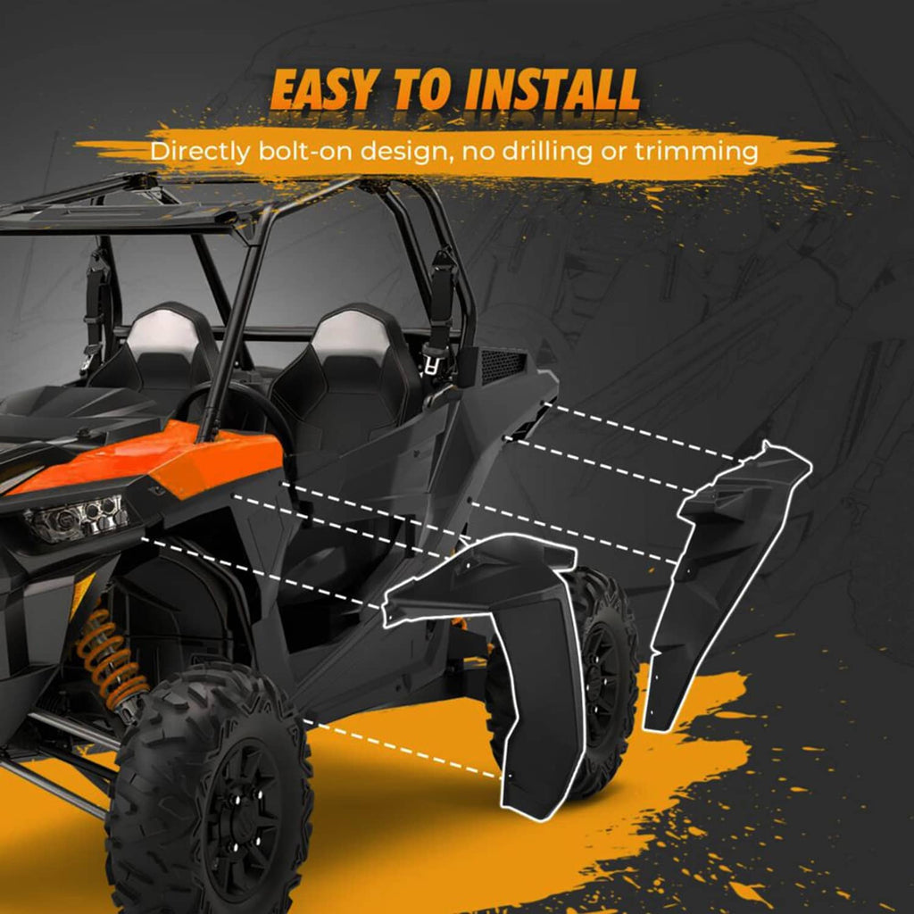 Black fender flare graphic showing easy bolt-on installation for front wheel coverage