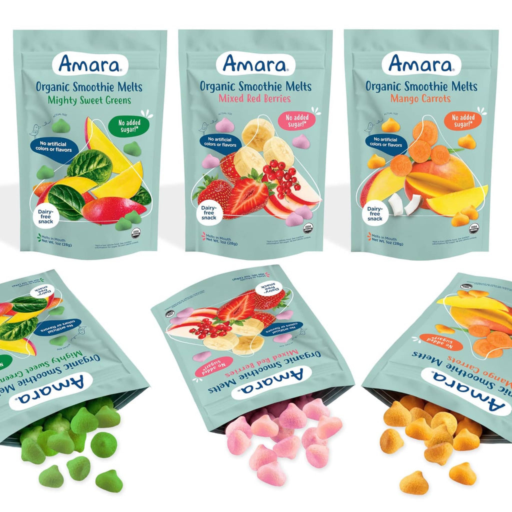 Amara organic smoothie melts variety pack, Mighty Sweet Greens, Mixed Red Berries, Mango Carrots pouches