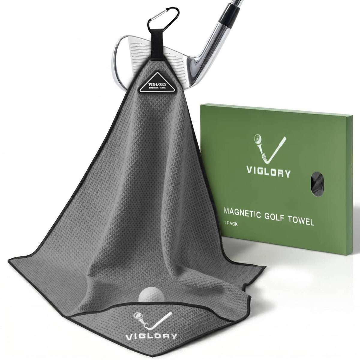 Grey magnetic golf towel with cleaning pocket and metal clip, 18x18 in