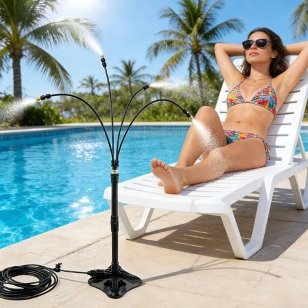 Black standing misting system on patio deck with multi-nozzle spray head and hose