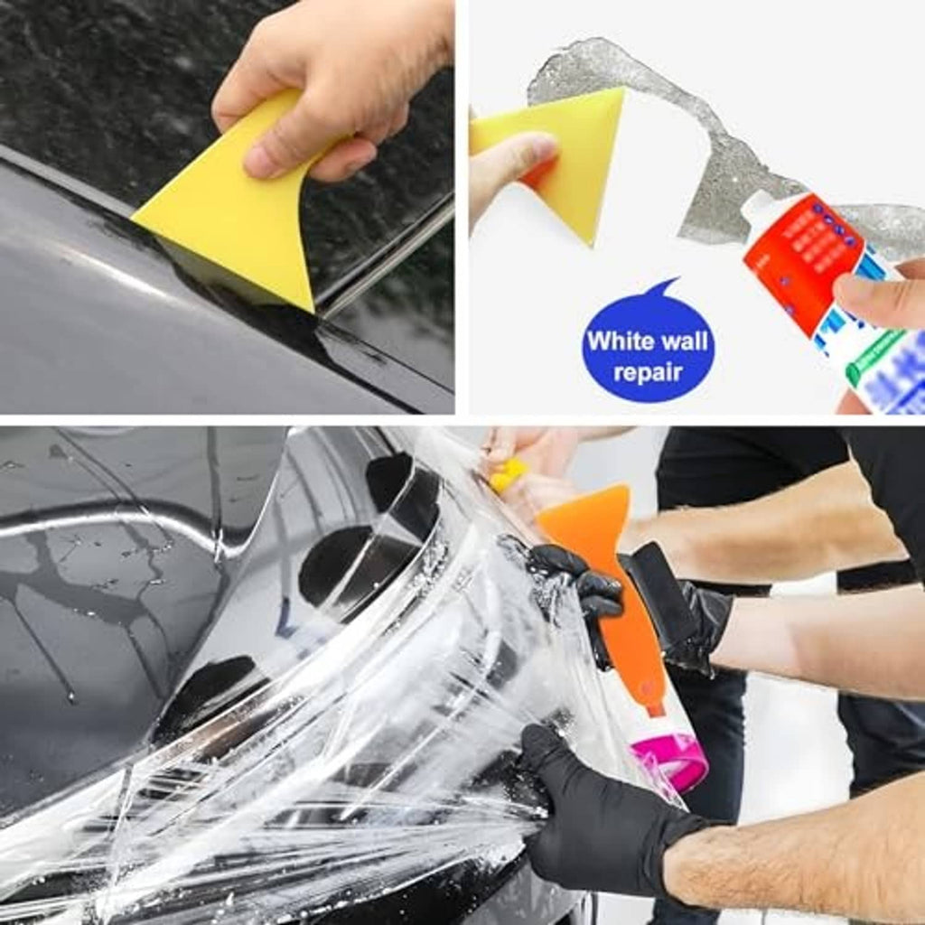Yellow and orange squeegee tools smoothing vinyl on a car window, hands shown