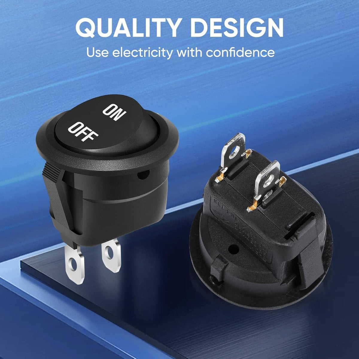 Black round rocker switch with ON/OFF cap plus connector base, 2-pin terminals