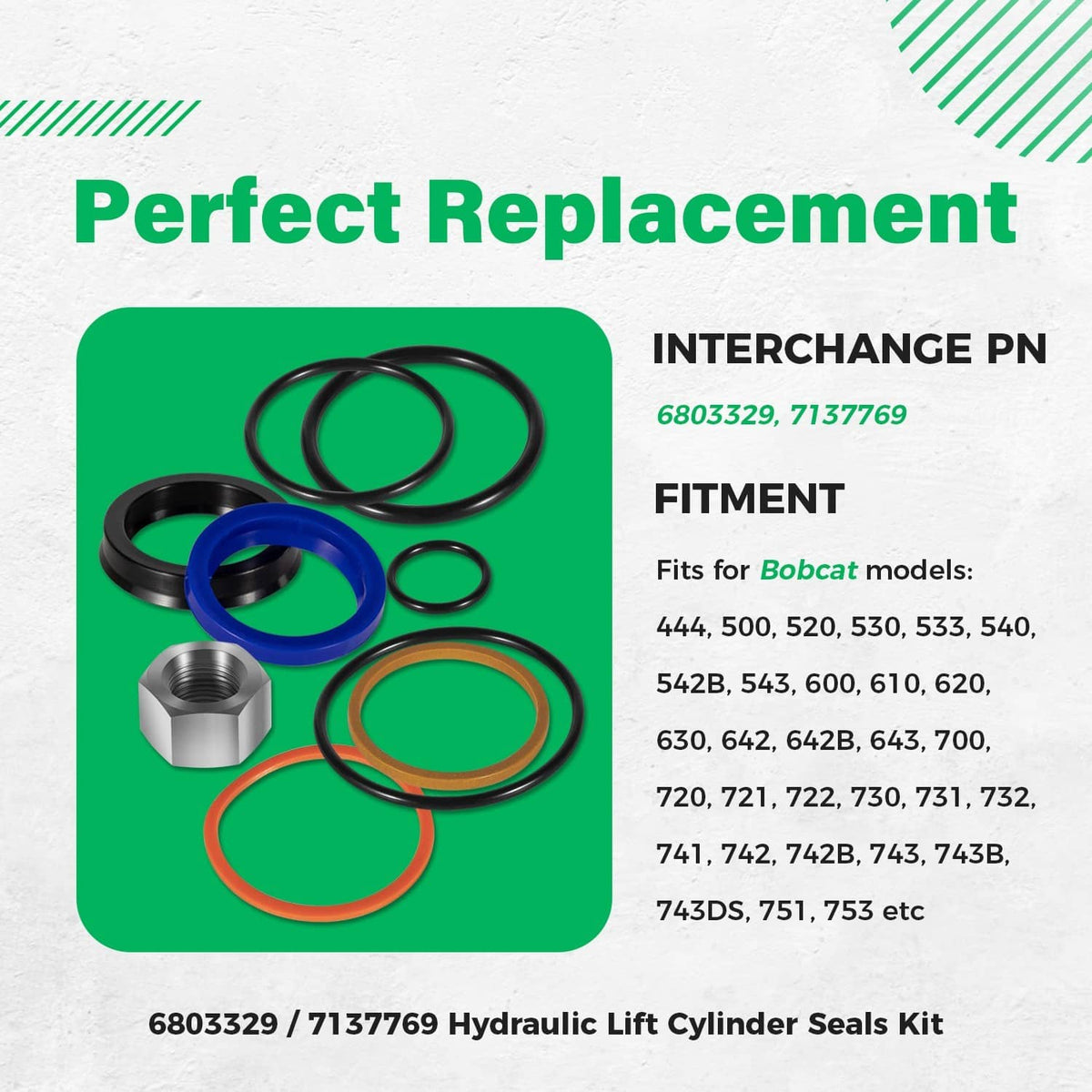 Hydraulic lift cylinder seals kit with mixed O-rings and steel hex nuts for replacement