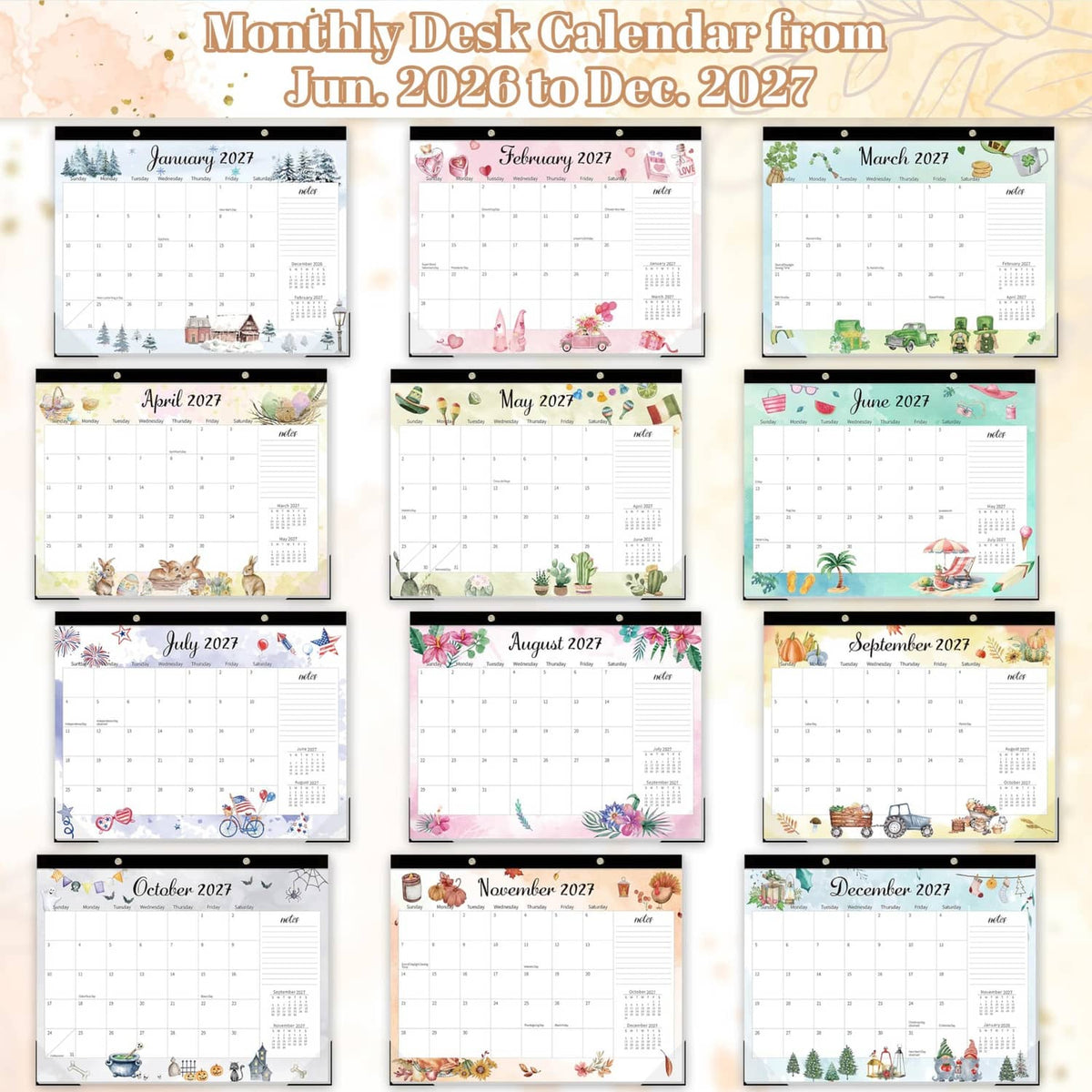 Monthly desk calendar pages showing Jun 2026 through Dec 2027 with illustrated themes
