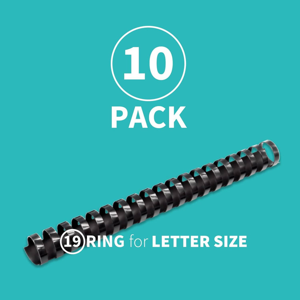 Black 19-ring plastic comb binding spine for letter-size documents