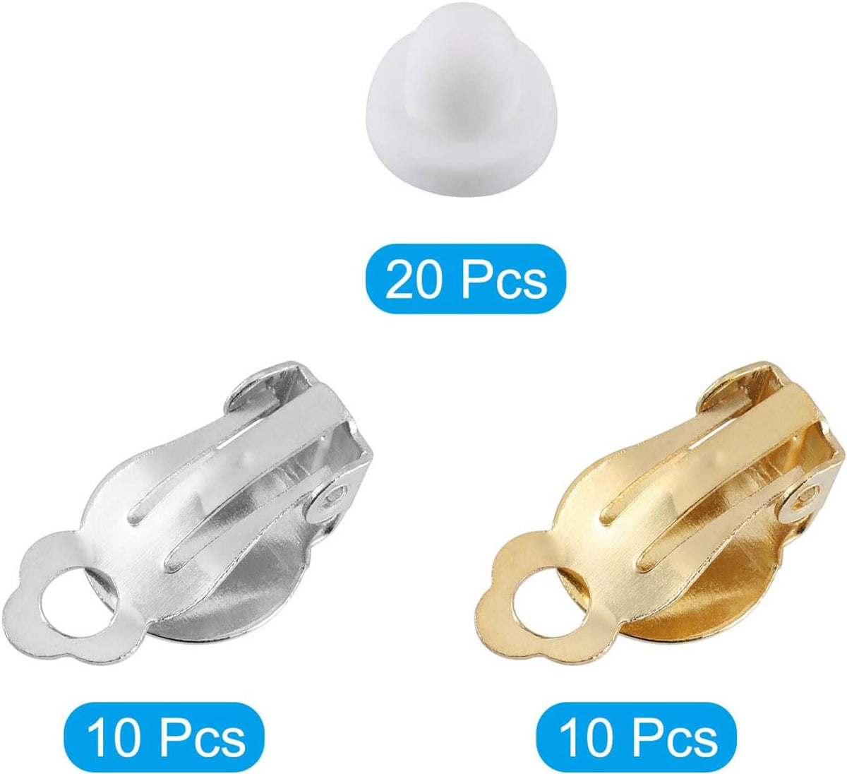 Clip-on earring converter set with white silicone pads, silver and gold-tone clips