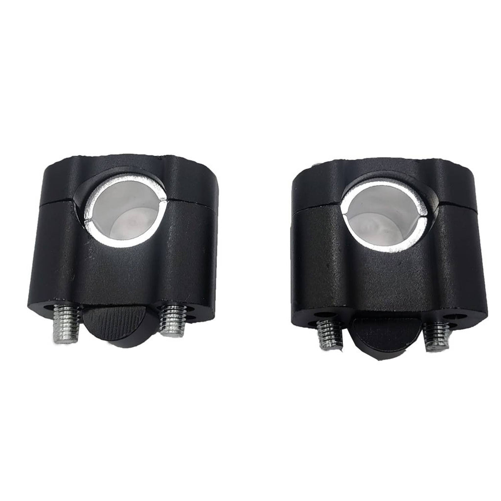 Black handlebar riser clamp adaptor with round center hole and two mounting bolts