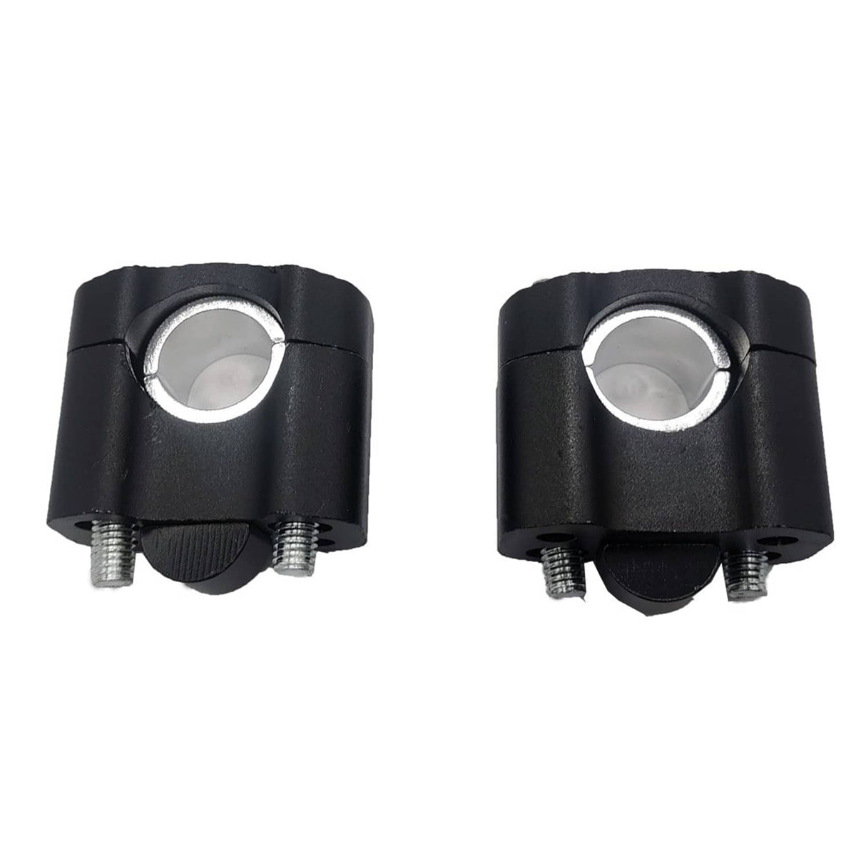 Black handlebar riser clamp adaptor with round center hole and two mounting bolts