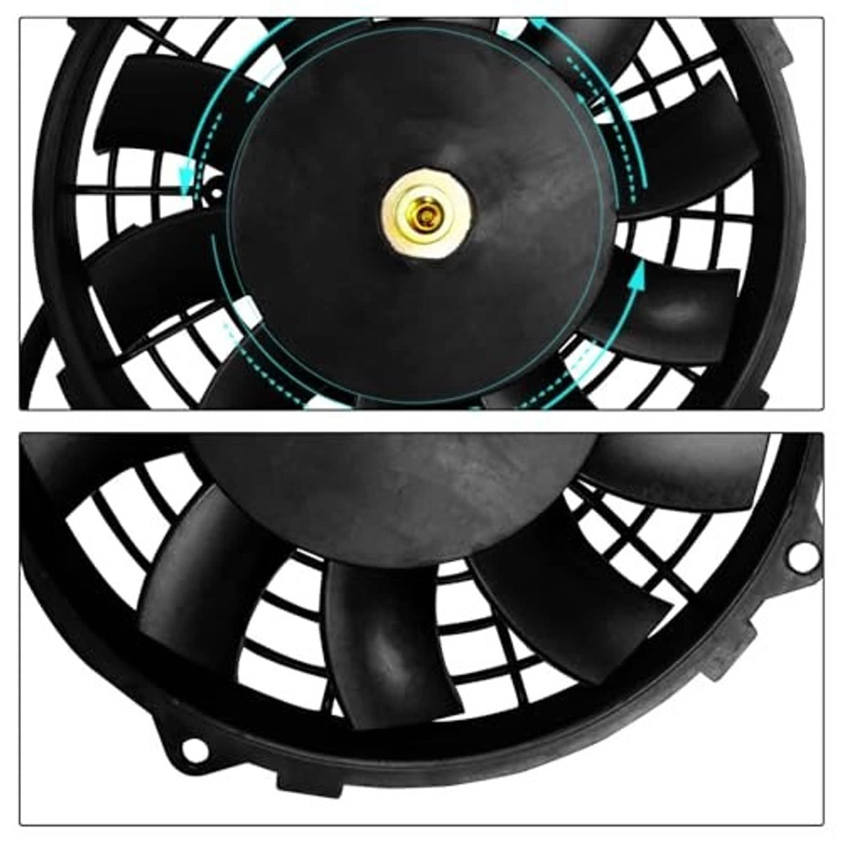 Close-up of black radiator fan blades with curved shroud and gold center bolt