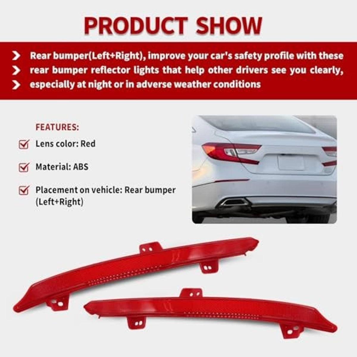 Red rear bumper reflector light pair for left and right bumper mounting