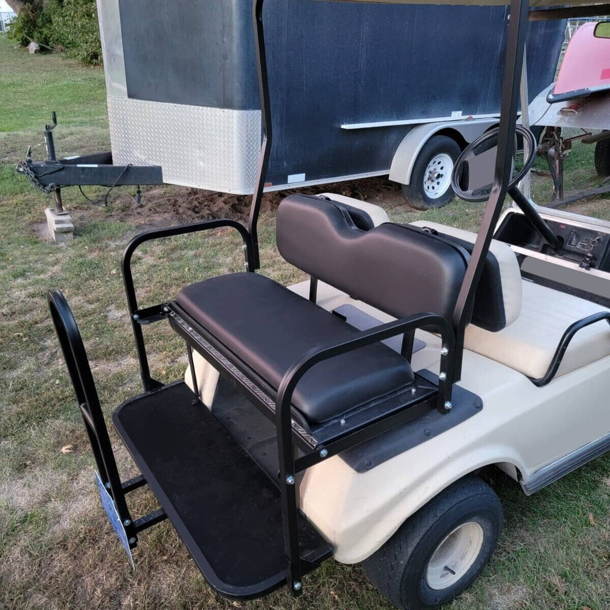 Golf cart rear flip seat kit with cargo bed and steps, dark seats on black frame