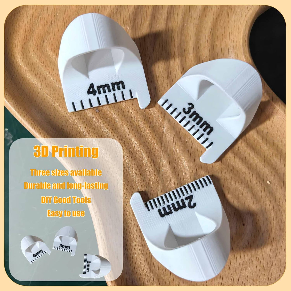 White 2mm, 3mm, and 4mm sewing templates shown together with black measurement scales