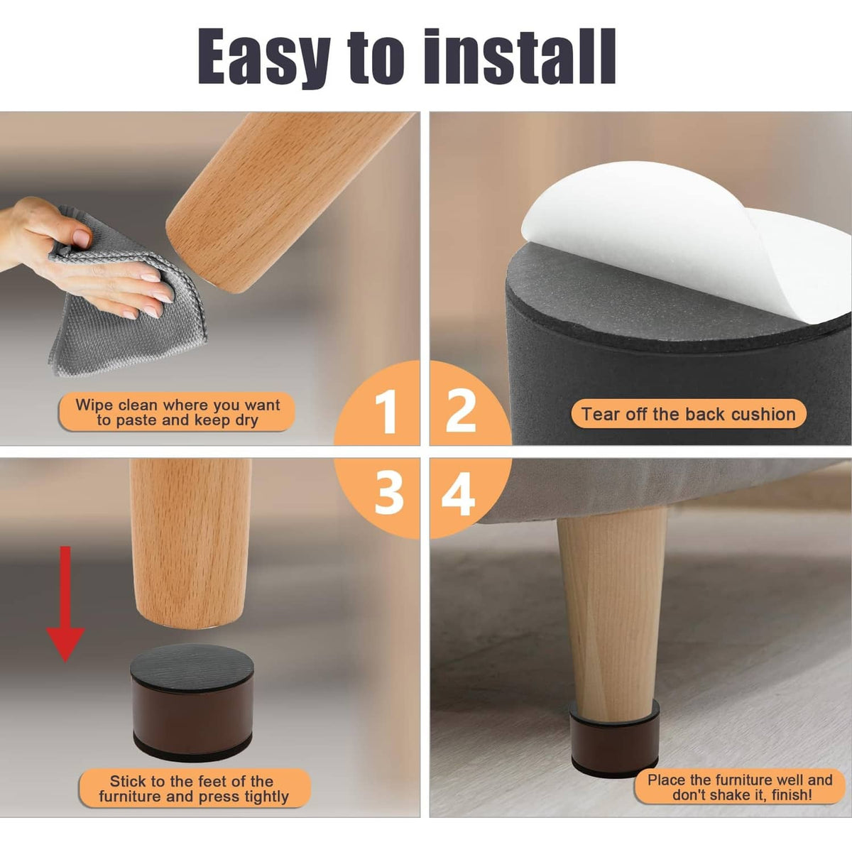 Self-adhesive furniture foot pad stuck to a wooden leg, black foam with felt top