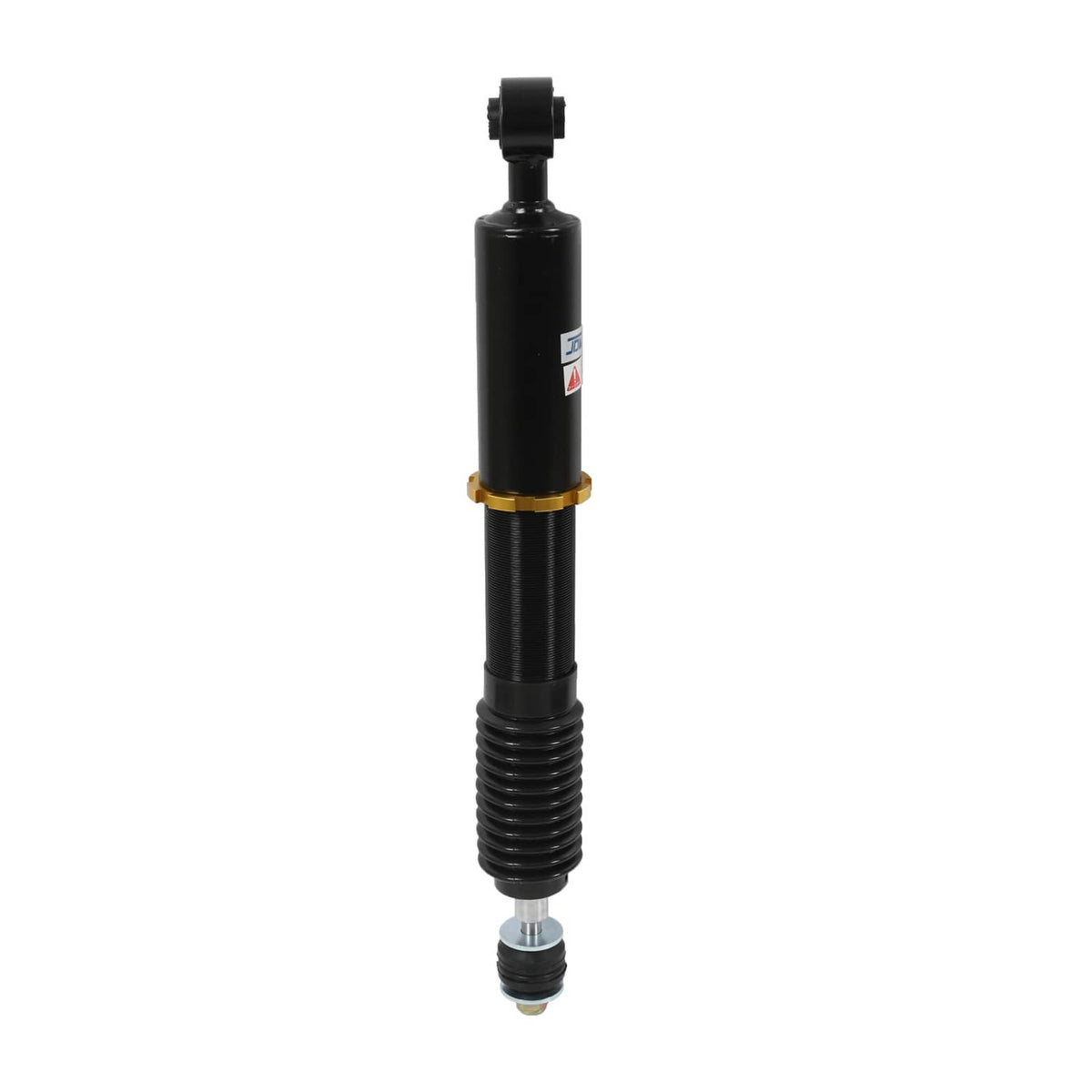 Coilover shock with black body, red spring top, and gold ring band