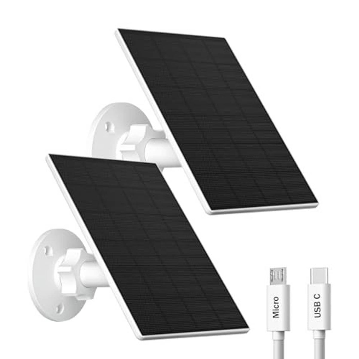 Two-panel solar charger with white wall mounts and included Micro USB and USB-C charging cables