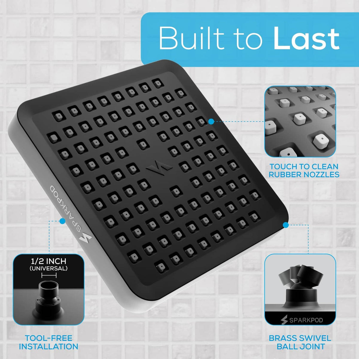 Midnight black square shower head with touch-clean rubber nozzles and dense nozzle grid