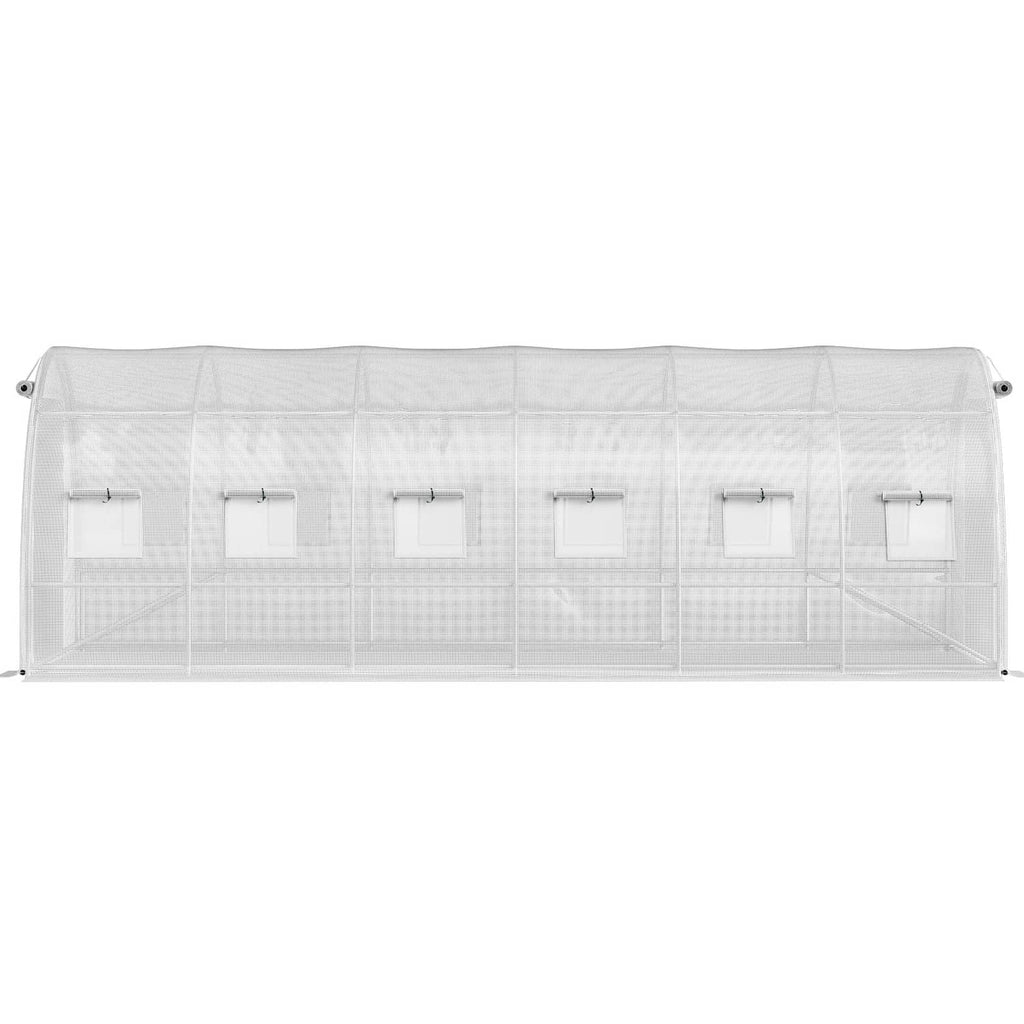 Tunnel greenhouse with white cover on galvanized frame, side view with mesh window panels