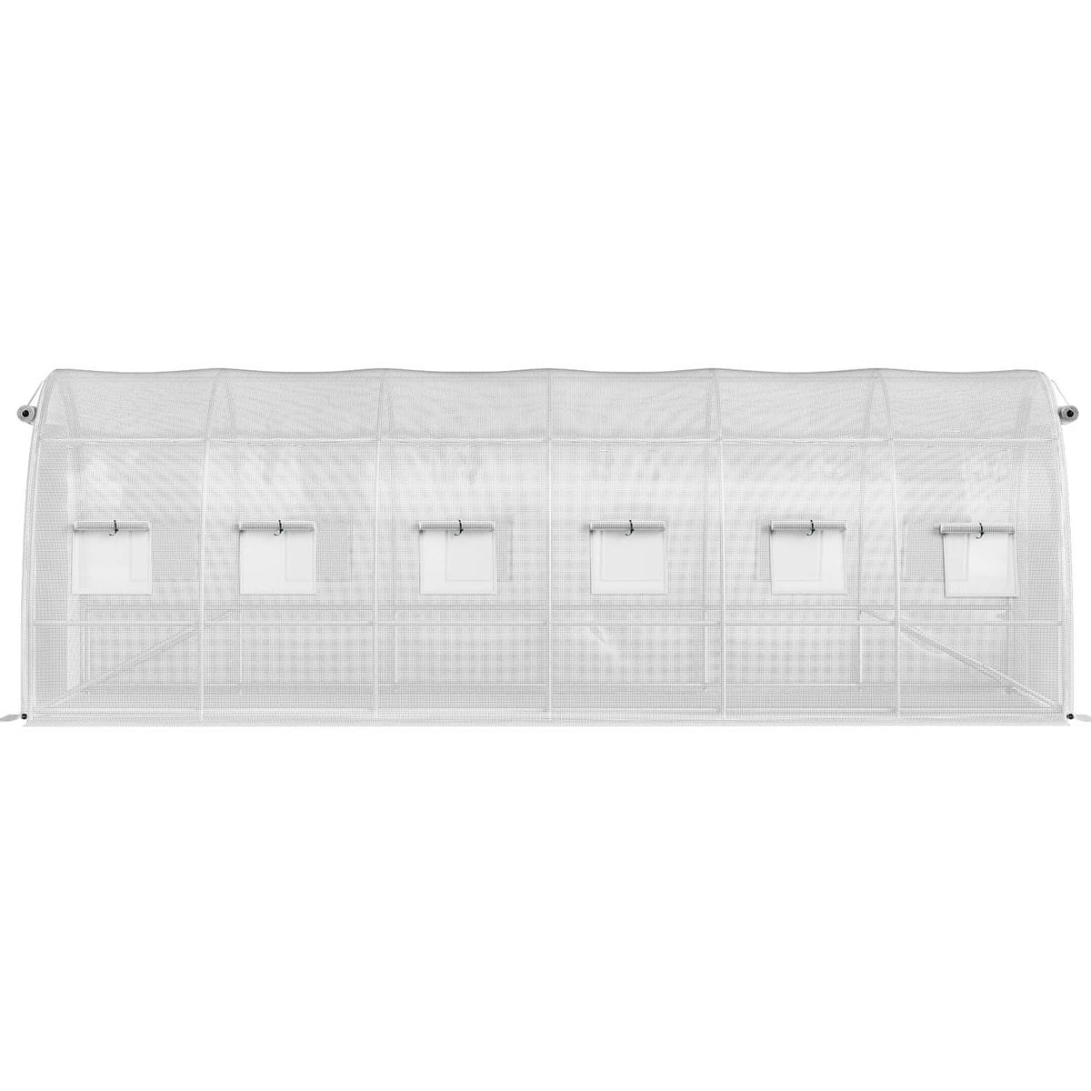 Tunnel greenhouse with white cover on galvanized frame, side view with mesh window panels