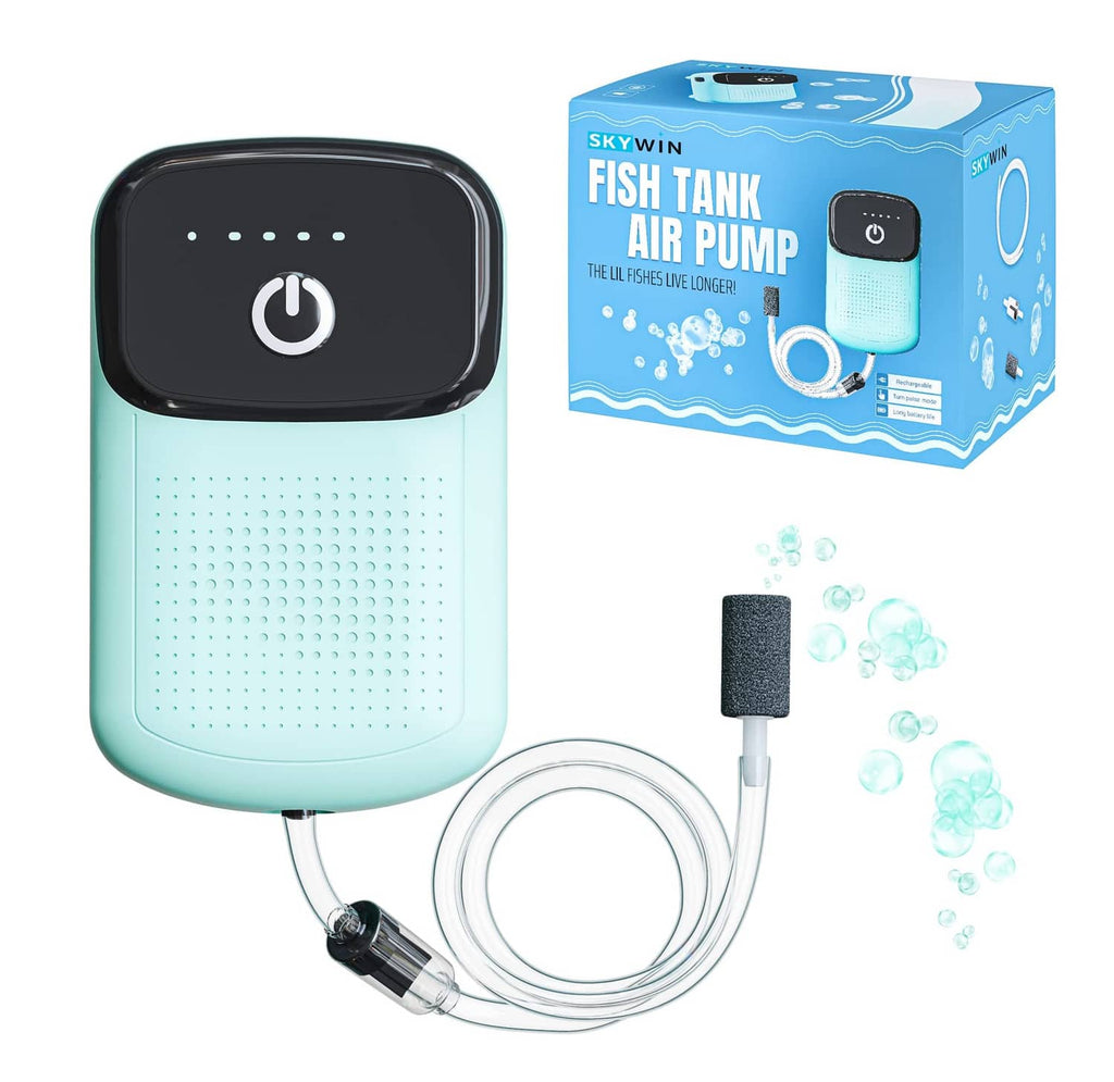 Rechargeable aquarium air pump with mint body and black control panel
