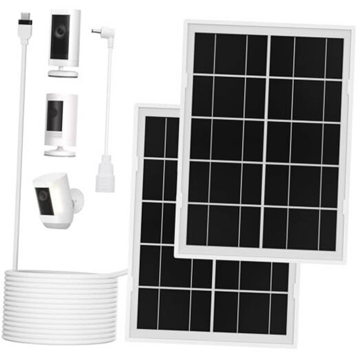 Solar panel charger kit with two black panels, mounting bracket, and white cable bundle
