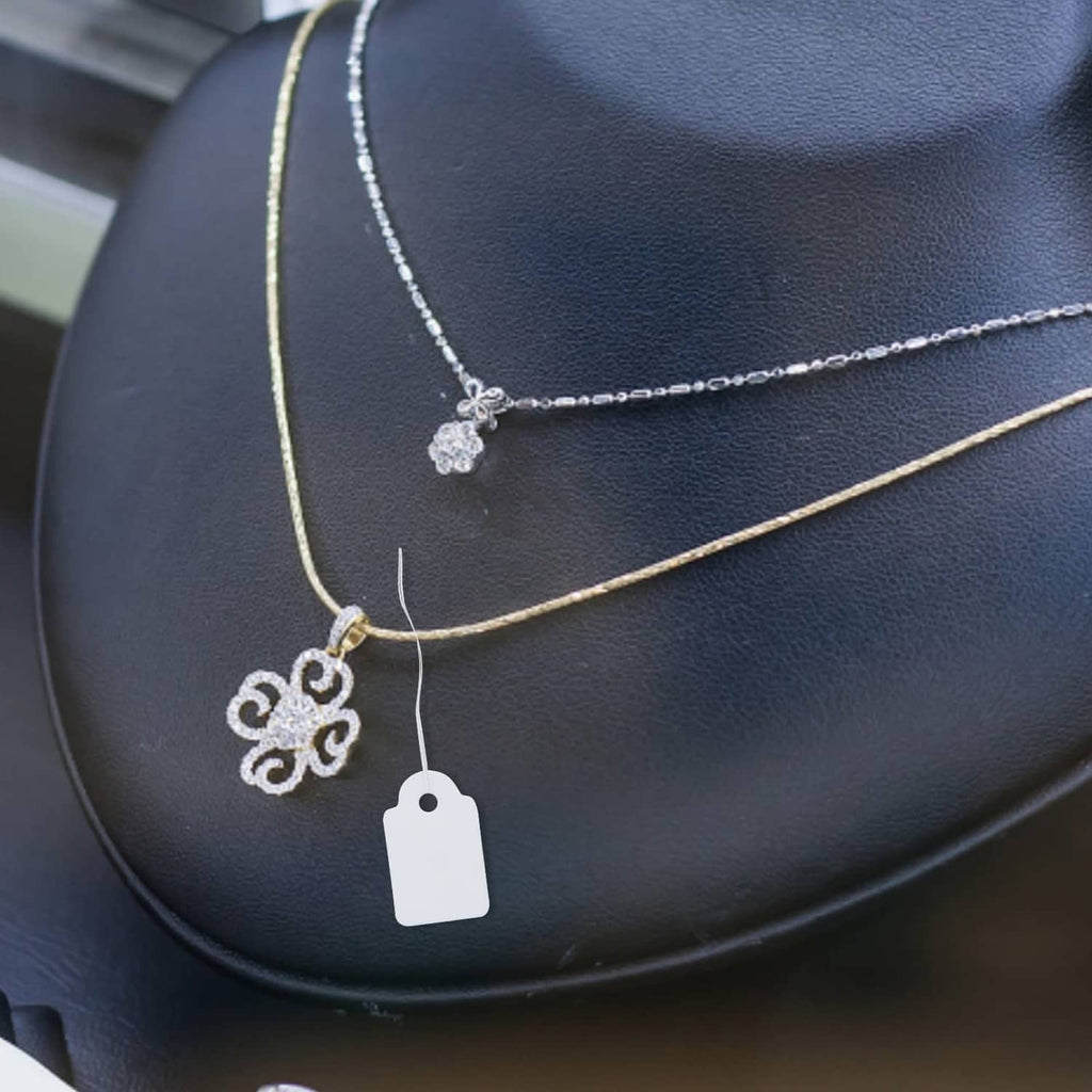 White price tag on a string attached to a necklace display
