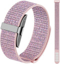 Pink woven nylon loop sport watch band with gray buckle clasp for wrist device