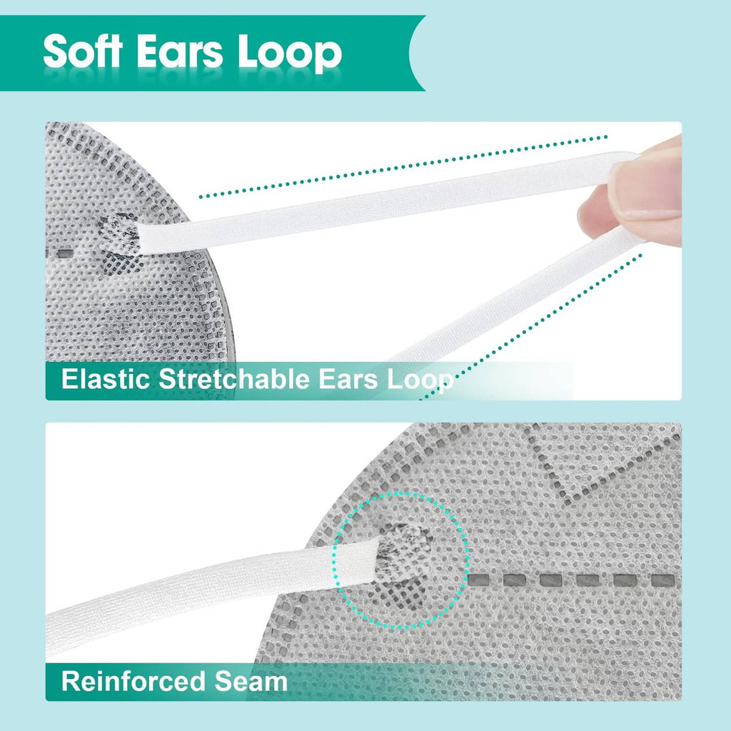 Grey KN95 respirator face mask close-up of elastic ear loop and reinforced seam.