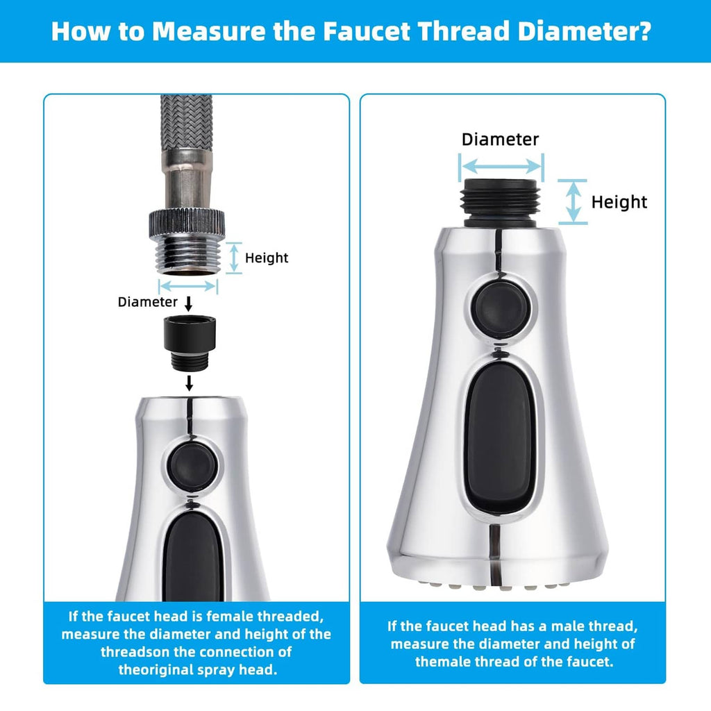 Faucet head thread diameter measuring diagram with connector pieces and height guide