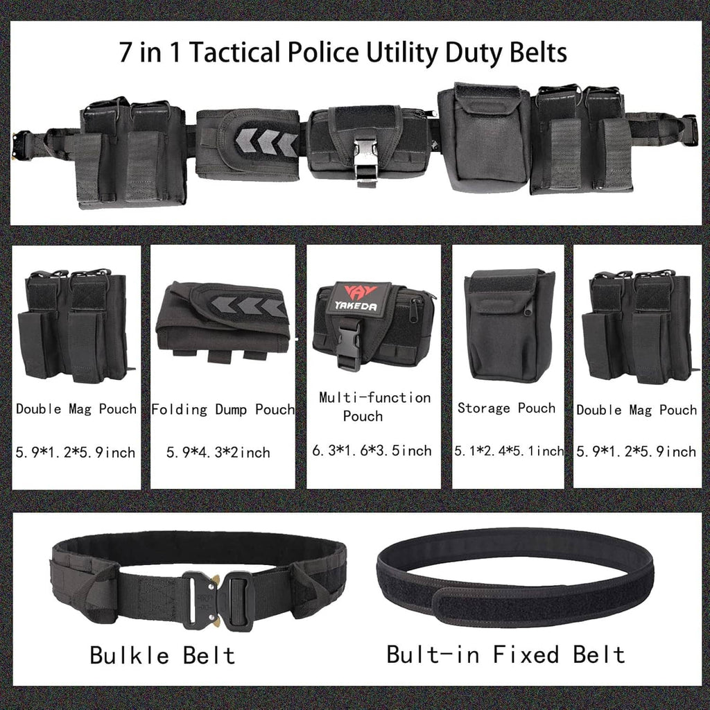Black tactical utility belt set with multiple pouches and adjustable buckle strap