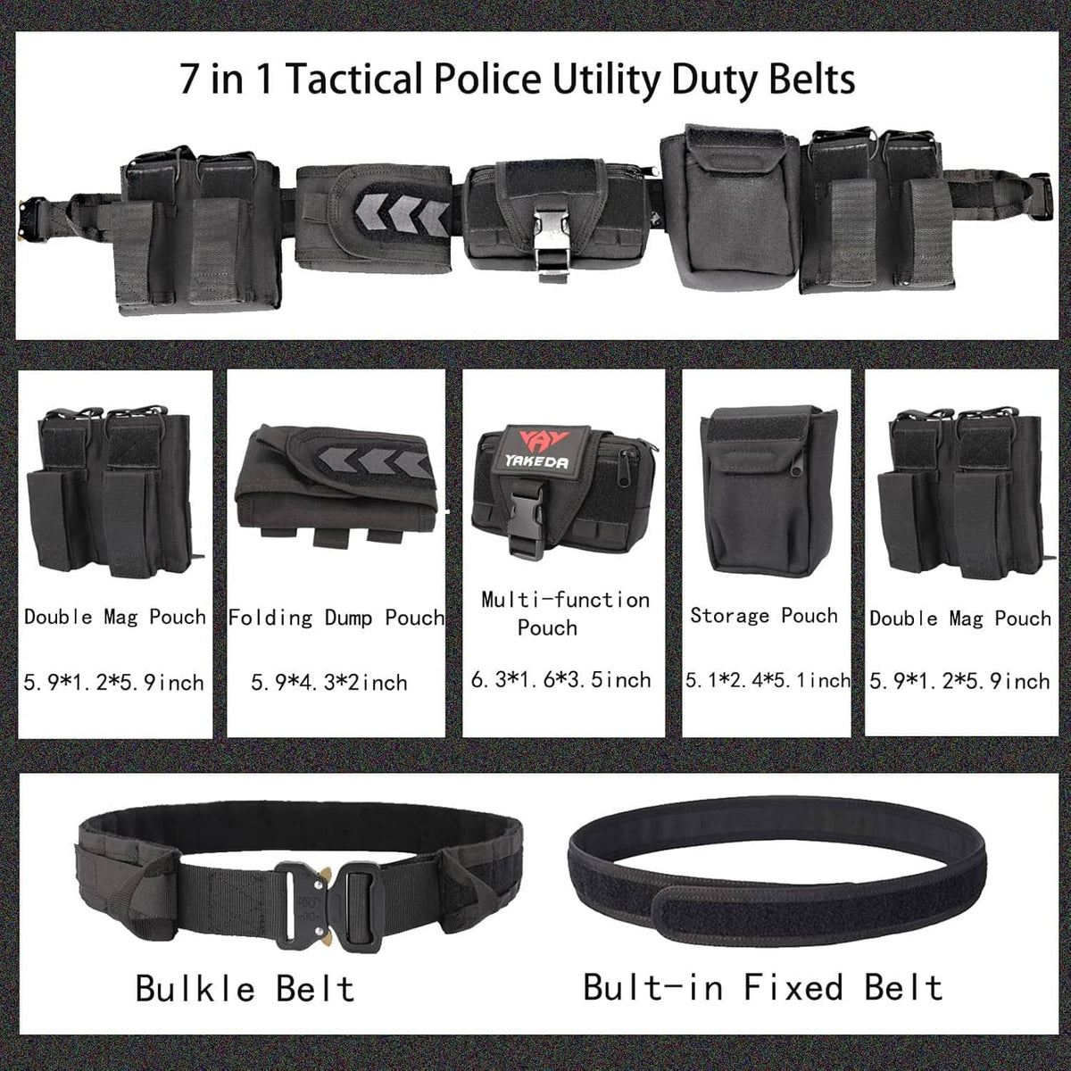 Black tactical utility belt set with multiple pouches and adjustable buckle strap