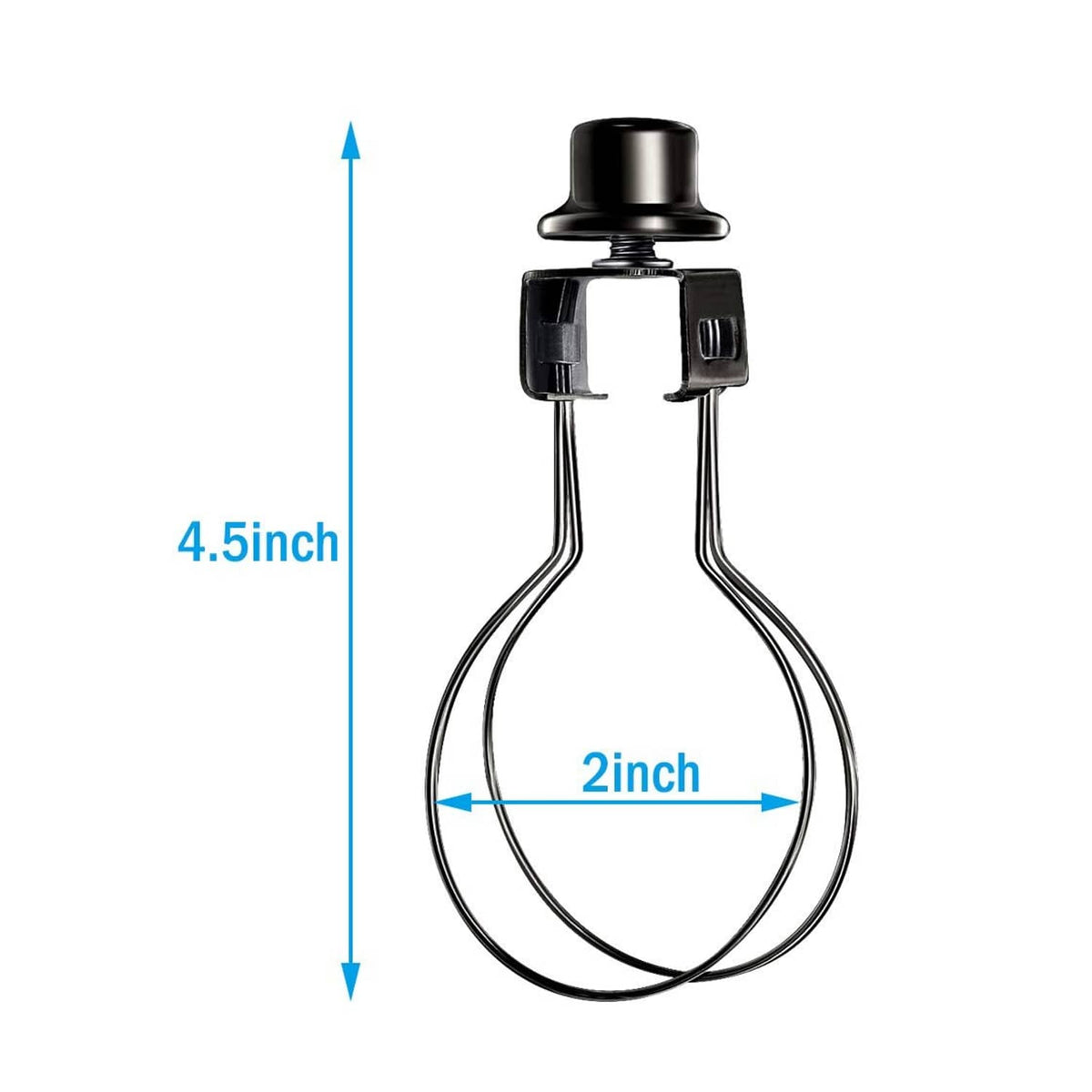 Black lamp bulb clip with spring clamps, 4.5 in tall and 2 in wide